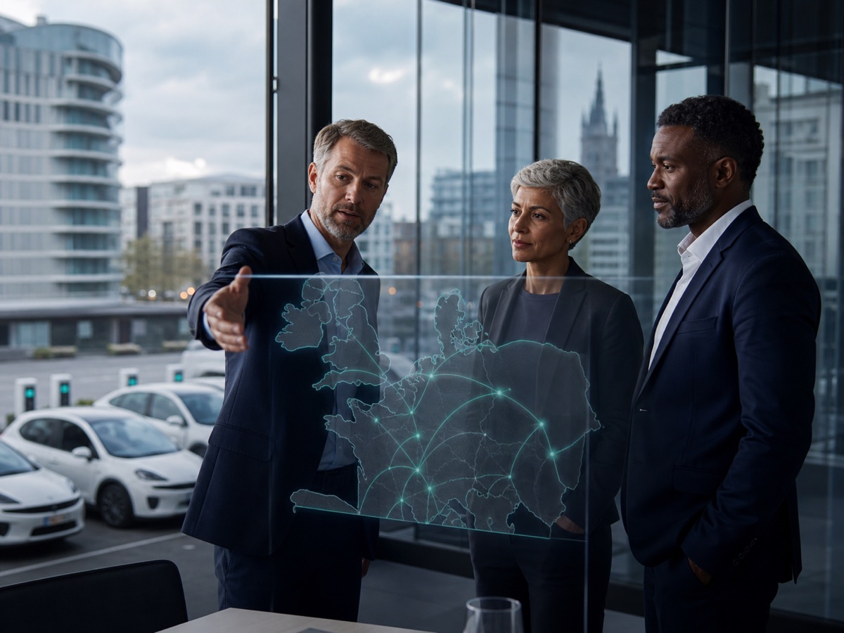 Business development team reviewing a European mobility expansion network