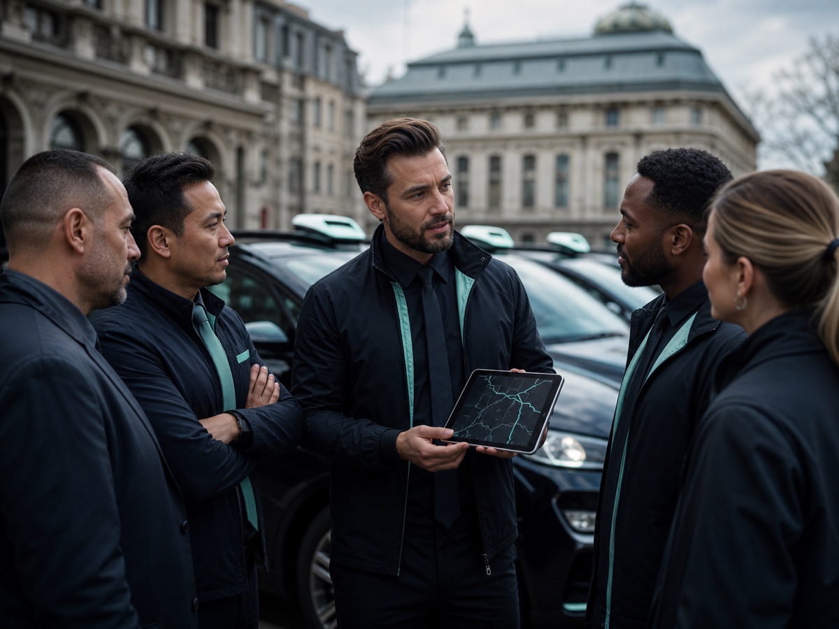 Regional mobility operator briefing professional drivers beside a taxi fleet