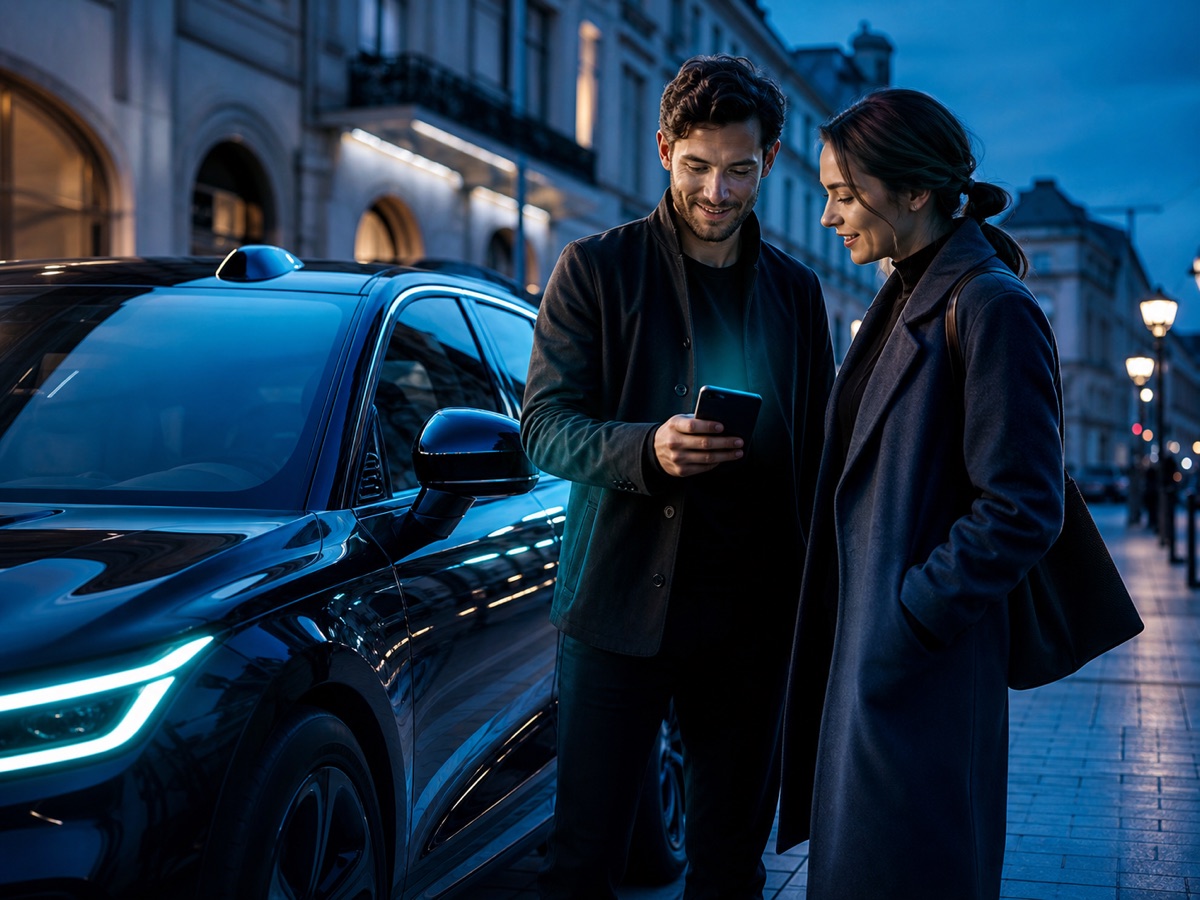 Two people sharing a verified mobility invitation beside an electric taxi
