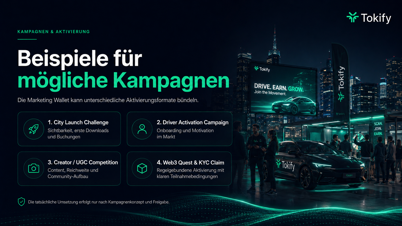 Premium Tokify city launch activation with campaign displays and an electric mobility fleet